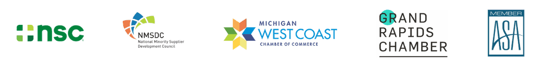 Affiliated logos strip: NSC, NMSDC, Michigan West Coast Chamber of Commerce, Grand Rapids Chamber, ASA Member